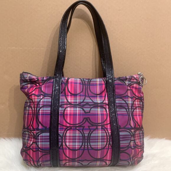 COACH POPPY Purple/Pink Tartan Plaid Glitter Outline Signature GLAM Tote #14360 - Picture 5 of 16